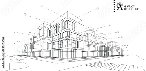 Abstract architectural vector of a modular glass block building complex at a street corner with technical survey lines.