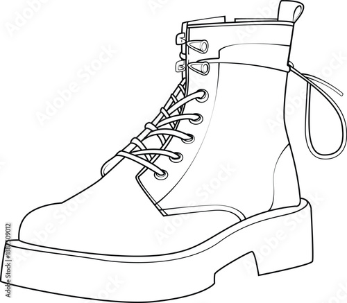 Side view outline of a lace-up combat boot. Vector line art of chunky military style fashion footwear with zipper isolated on white background. Punk and grunge design.