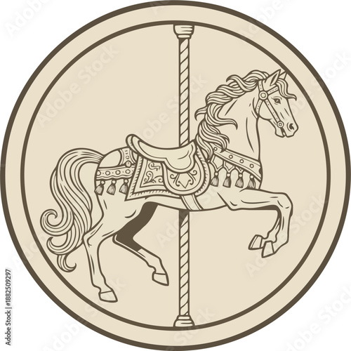 Vintage beige carousel horse rearing with ornate beige saddle tassels and pole in sepia circular frame engraving style