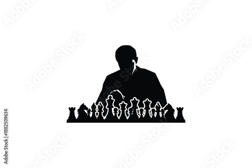 Chess Player Silhouette Vector Illustration, Thinking Man with Board and Pieces Strategy Concept