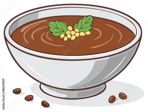 Bowl of chocolate soup with corn and basil garnish with coffee beans