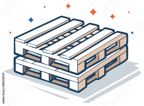 Stack of wooden cargo pallets in a stylized isometric illustration with blue and orange accents