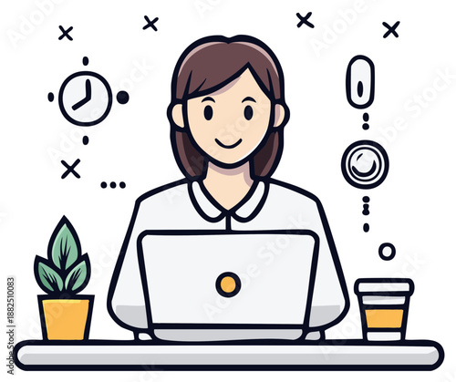 Happy professional woman working on a laptop at her desk. Cartoon illustration of a productive freelancer.