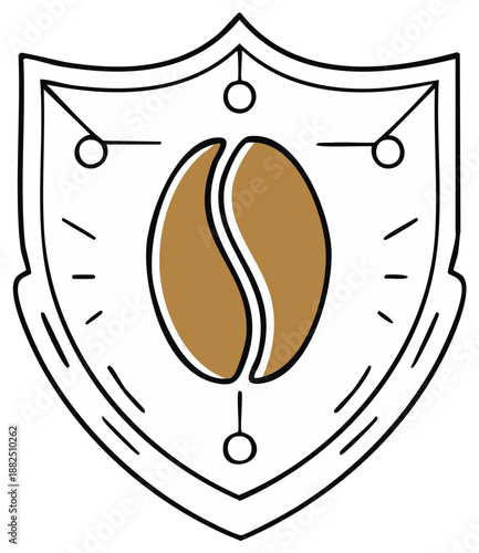 Isolated Coffee Bean Inside Shield with Radial Lines and Circle Accents