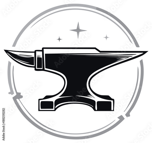 Blacksmith anvil emblem with sparkles and circular frame