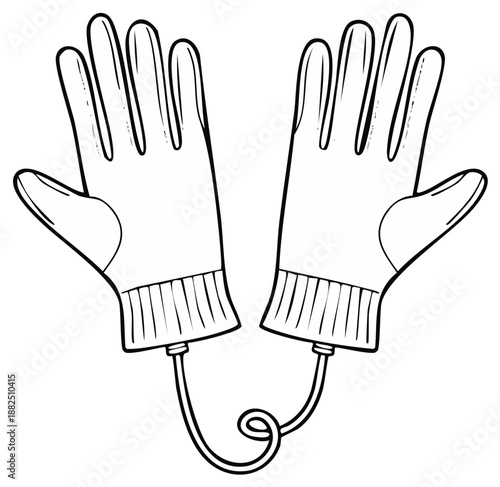Cartoon line art of a pair of gardening gloves connected by a hose