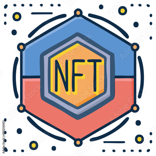 Stylized NFT symbol inside a geometric hexagon with connecting nodes and digital dots