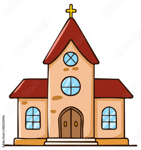 Cartoon church building with arched windows and a cross on a steeple