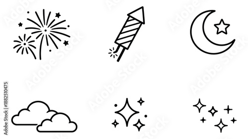Hand drawn line art celebration and weather icons set featuring fireworks, a rocket, crescent moon, clouds, and sparkles for festive occasions and atmospheric designs