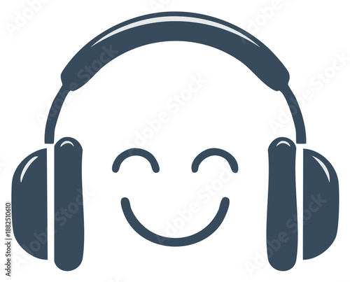 Smiling Face Wearing Headphones. Concept of music, audio entertainment, happy listening.