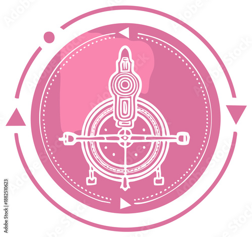 Hand drawn spinning wheel icon in pink circular frame for craft and textile logo