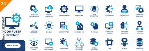 Computer science icon. Including artificial intelligence, cloud computing, big data, computer vision, cyber security. Solid vector icons collection.