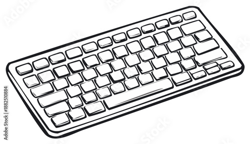 Hand Drawn Computer Keyboard with Blank Keys Black and White Line Art Illustration