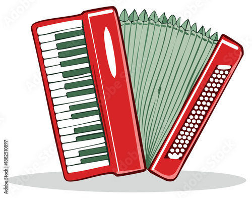 Red accordion with green bellows on a gray surface with a white background