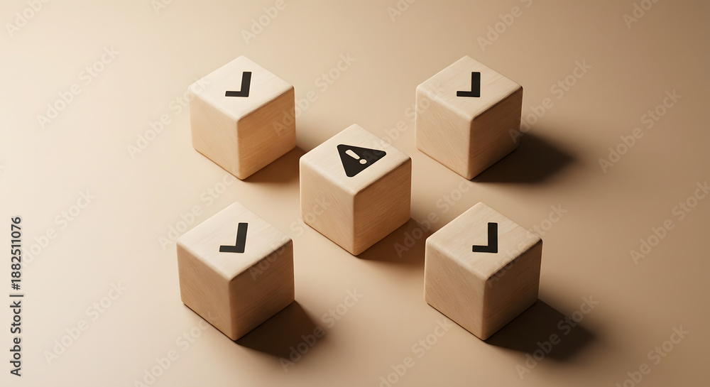 Obraz premium wooden blocks with checkmarks surrounding a central warning alert icon representing risk management quality control error detection business compliance and problem solving concept