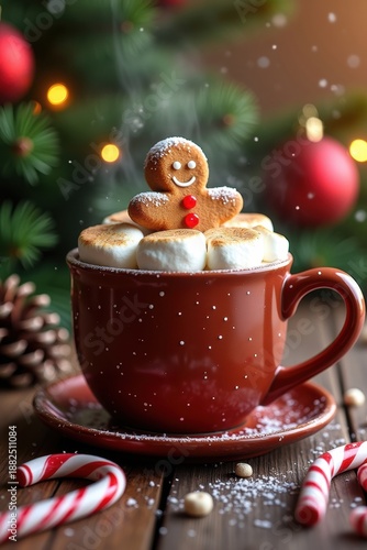 Cozy christmas hot chocolate with gingerbread man