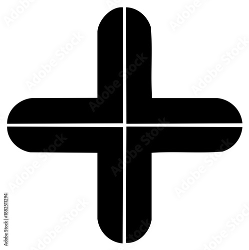 Black rounded cross symbol with white dividing lines for addition and plus concept