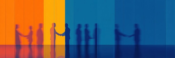 Silhouetted business people shaking hands in a modern office with colorful abstract glass background, representing corporate collaboration, teamwork, and finance