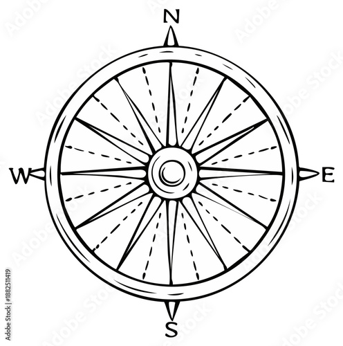 Rose Compass Navigation Wheel: Hand-Drawn Style, Adventure and Cartography