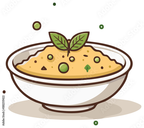 Cartoon Soup Bowl with Green Peas and Leafy Garnish Illustration in Trendy Flat Vector Style