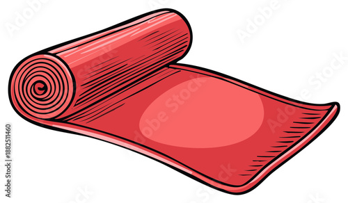 Rolled red yoga mat with a coiled end and textured surface detail artistic sketch
