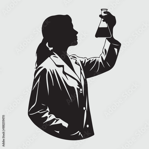 Female Scientist Silhouette Holding Laboratory Flask Representing Science, Research and Innovation