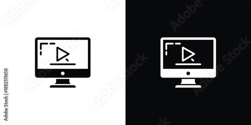 Black and white computer monitor with play button and power symbol
