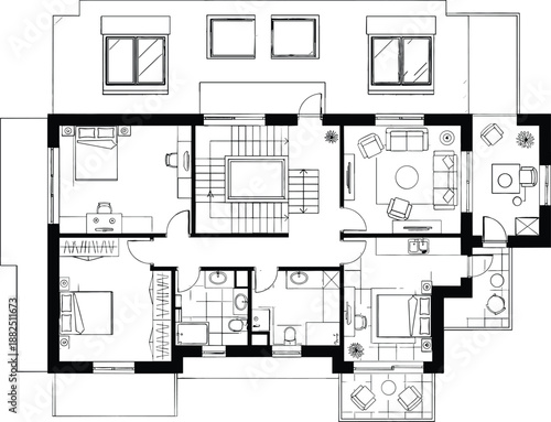 Detailed architectural floor plan vector of an upper-floor residence featuring multiple bedrooms, ensuite bathrooms, and private outdoor balconies.