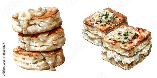 biscuits and gravy watercolor vector illustration