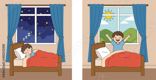 Child sleeping at night, and waking up happy in morning bedroom illustration showing healthy sleep routine, for kids daily lifestyle
