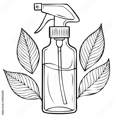 Spray bottle with leaves illustration, organic liquid in spray for natural care and eco-friendly cleaning, outline design