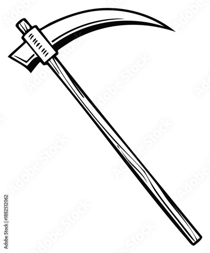 Black and white illustration of a scythe on white background