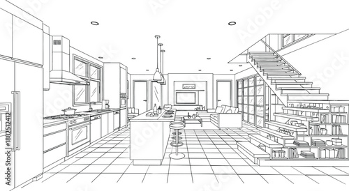 Detailed architectural perspective vector of a modern open-plan interior featuring a professional kitchen, living area, and integrated staircase.