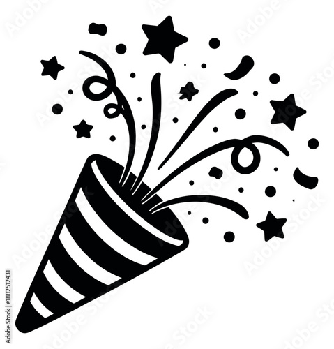 Hand drawn illustration of a party popper depicting confetti and stars exploding for a party event