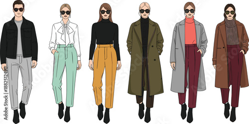 Fashionable men and women wearing stylish winter outfits, sunglasses, coats, trousers and boots, modern street style fashion illustration design