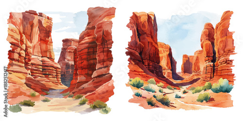 canyons with red rock watercolor vector illustration