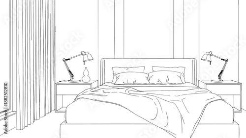 Detailed front-view architectural vector of a symmetrical modern bedroom featuring twin nightstands, adjustable lamps, and floor-to-ceiling curtains.
