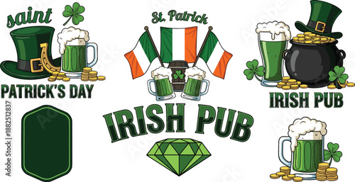 Detailed Irish Pub vector sticker set for St. Patrick's Day featuring beer mugs, flags, gold, and green emeralds.