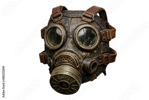 Vintage gas mask with leather straps and large metal filter, finding use in dystopian futures or steampunk themes
