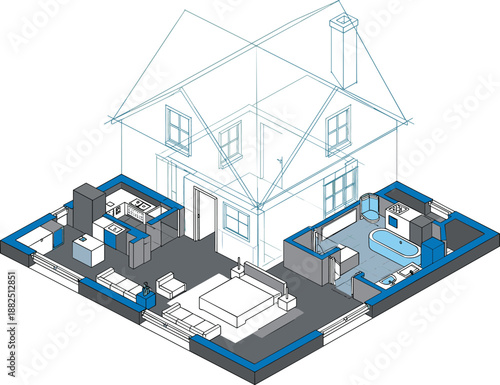 Detailed isometric architectural cutaway vector of a two-story home featuring a fully rendered ground floor and wireframe second story.