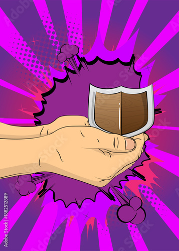Cartoon, comic book human hands holding Shield. Retro vector comics pop art design.