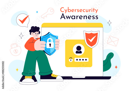Cybersecurity Awareness Campaign Vector Illustration Featuring Digital Safety, Data Protection, And Online Security Education in Flat Background
