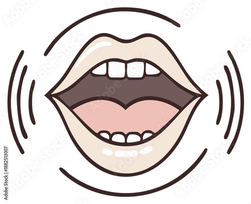 Illustration of open mouth with sound waves, representing speech, vocalization, or communication.