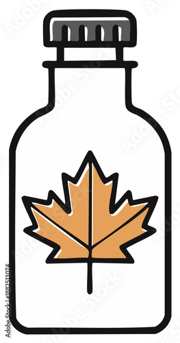 Maple Syrup Container with Leaf Inside, Natural Sweetener, Product Packaging, Outline Drawing