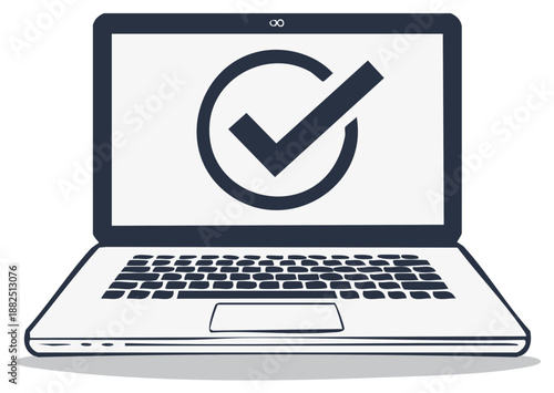 Laptop computer with a checkmark icon on the screen representing task completion or security verification