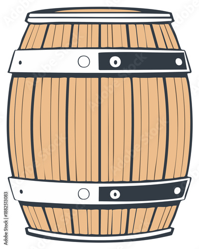 Vintage Barrel Illustration Isolated, Traditional Wooden Container for Alcohol Storage, Cask Design Element