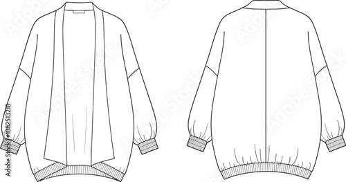 open front cardigan fashion flat sketch, oversized sweater technical drawing, rib cuff hem template, long sleeve apparel design illustration