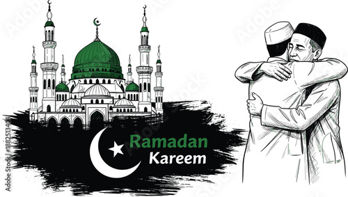 Detailed "Ramadan Kareem" vector featuring an architectural mosque sketch, a crescent moon, and two men embracing in peace.