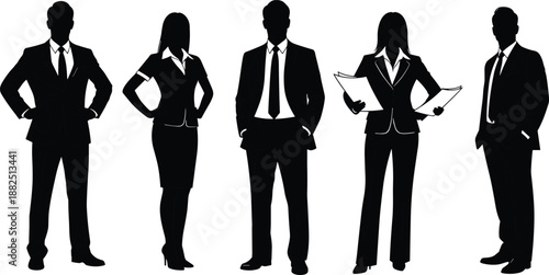 Professional business people silhouettes standing in formal office attire, corporate team illustration, executives in suits for business concept designs