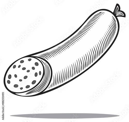 Vintage style woodcut illustration of a gourmet salami sausage with a visible sliced end
